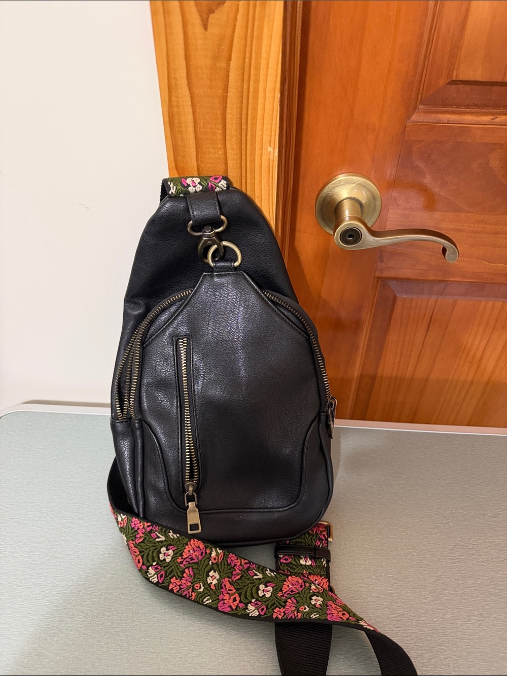 Antik Kraft Black Women's Sling Backpack with Floral Strap